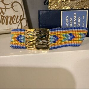 Colorful Mishky Beaded Bracelet With Gold Tone Plate and Eye Beads